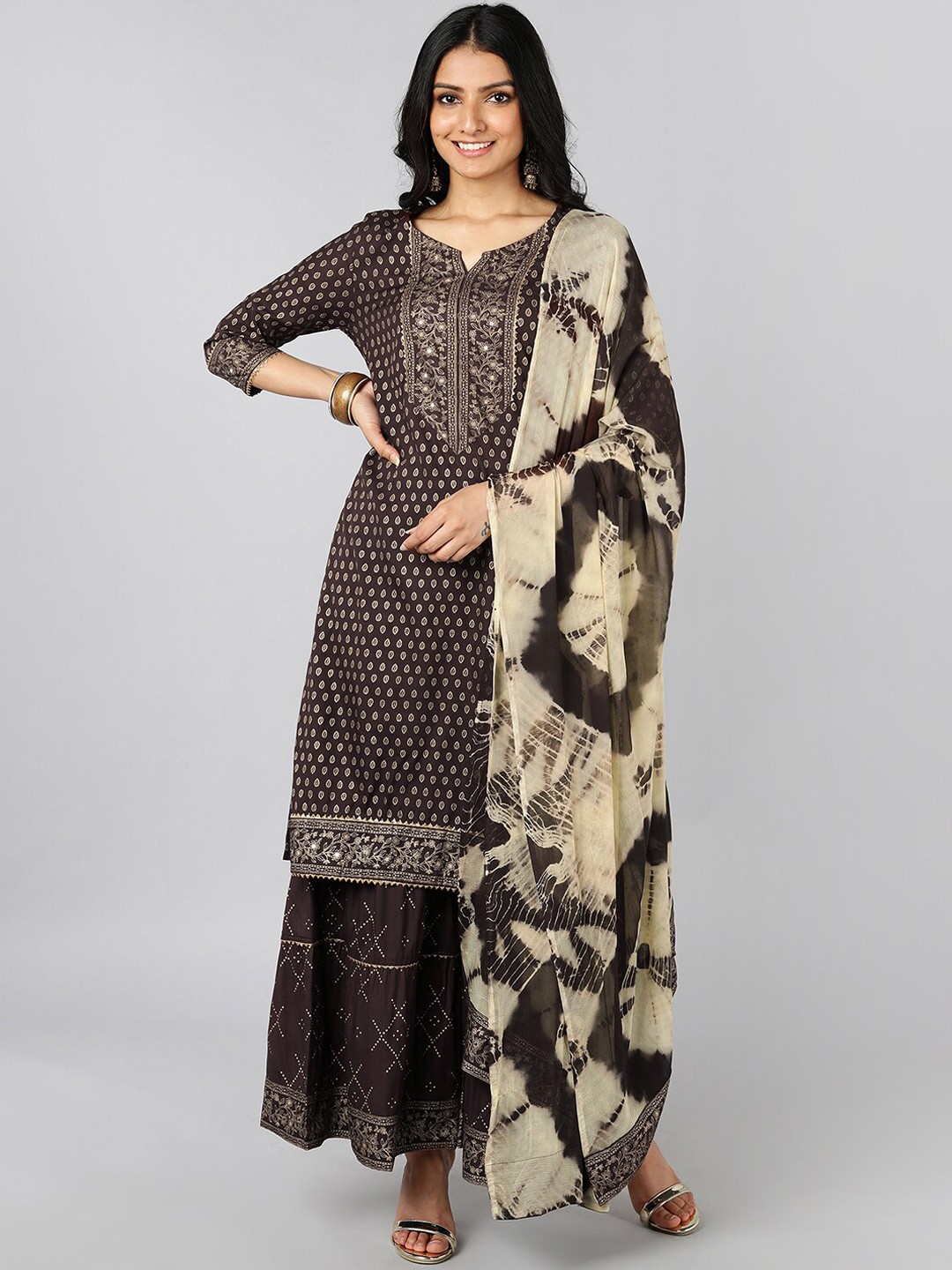 

Jaipur Folk Women Brown Printed Empire Kurta With Sharara & With Dupatta