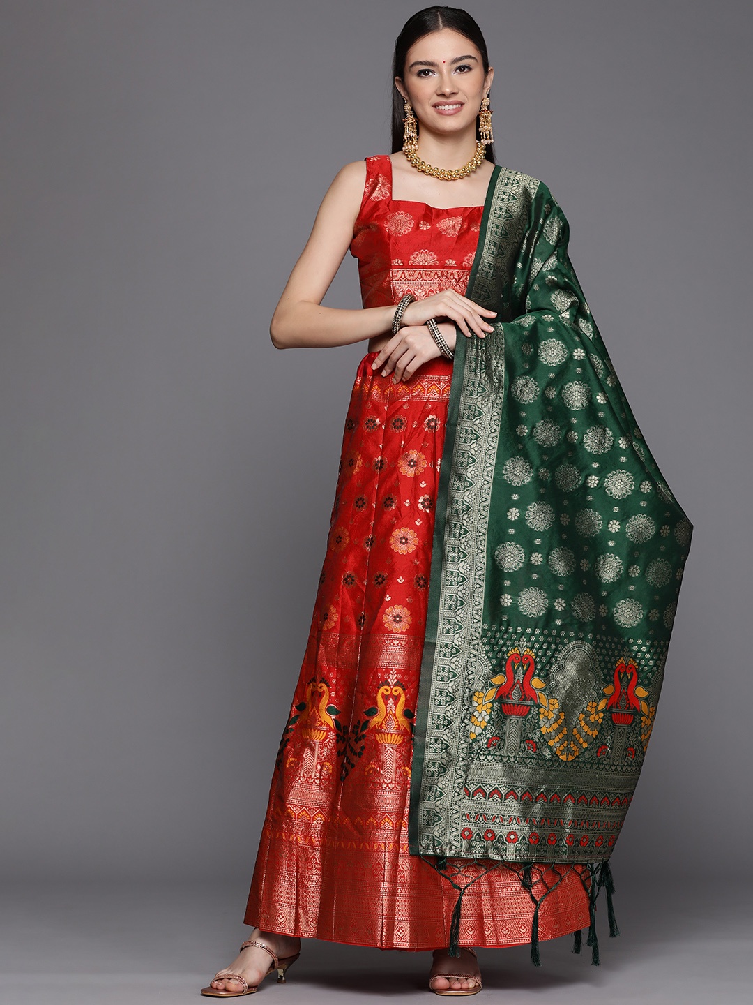 

Mitera Women Red & Gold-Toned Batik Semi-Stitched Lehenga Unstitched Blouse & Dupatta