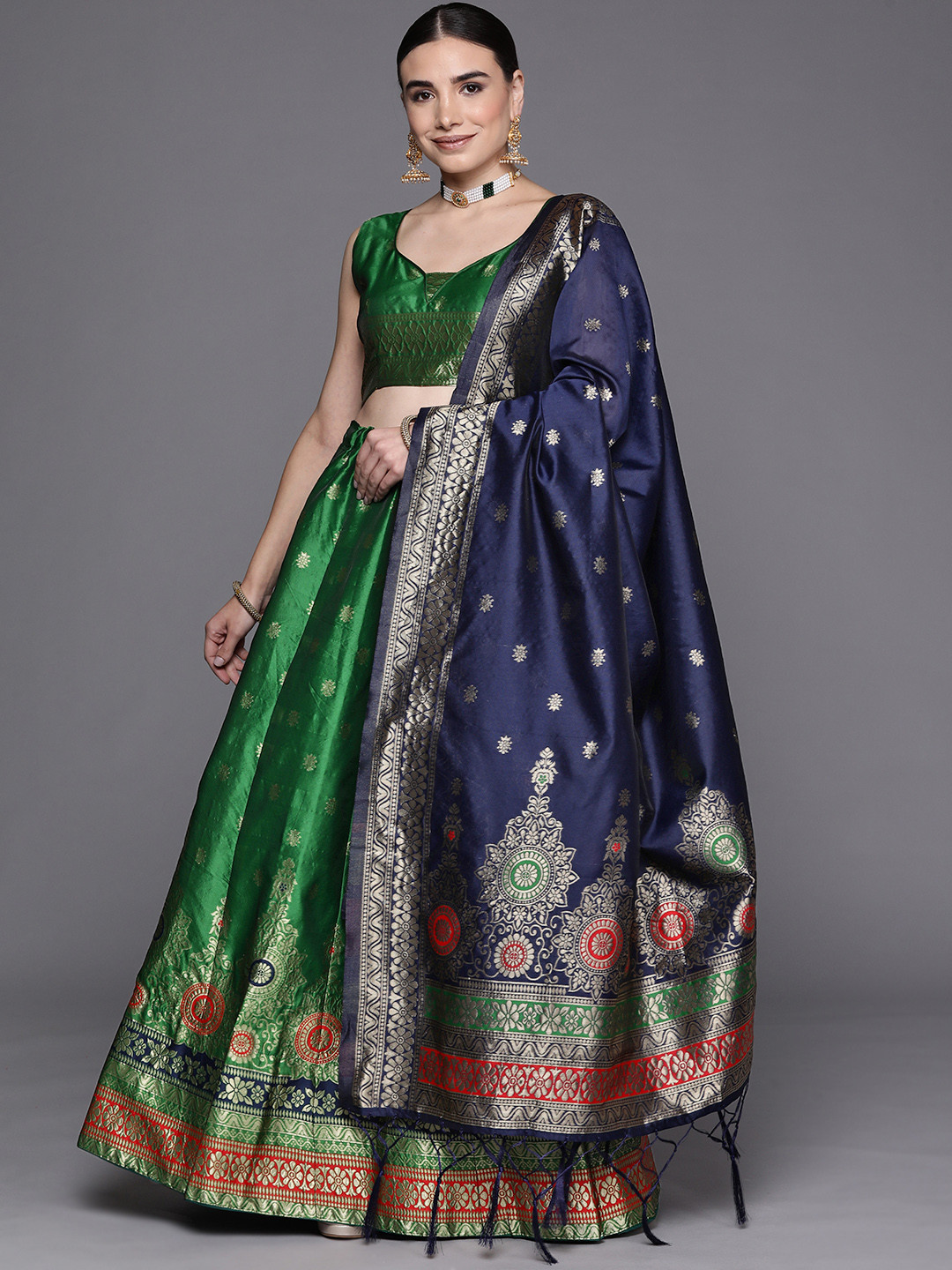 

Mitera Green & Golden Semi-Stitched Lehenga & Unstitched Blouse With Dupatta