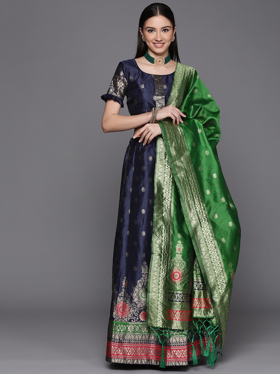 

Mitera Women Navy Blue & Gold-Toned Semi-Stitched Lehenga Unstitched Blouse & Dupatta