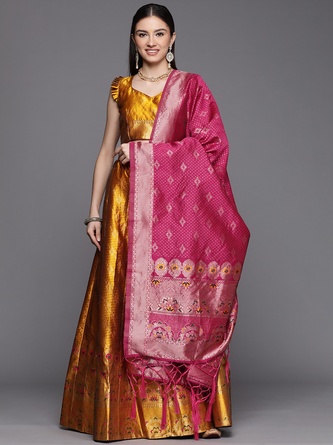 

Mitera Women Mustard & Pink Kalamkari Semi-Stitched Lehenga Unstitched Blouse & Dupatta