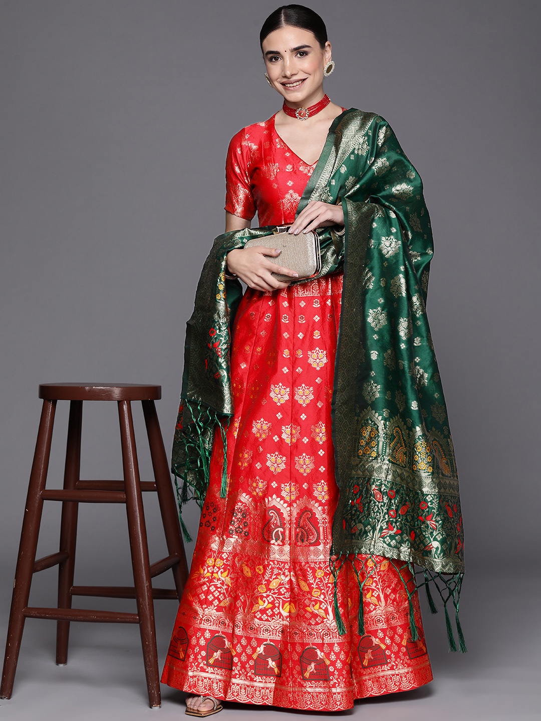 

Mitera Red & Golden Semi-Stitched Lehenga & Unstitched Blouse With Dupatta