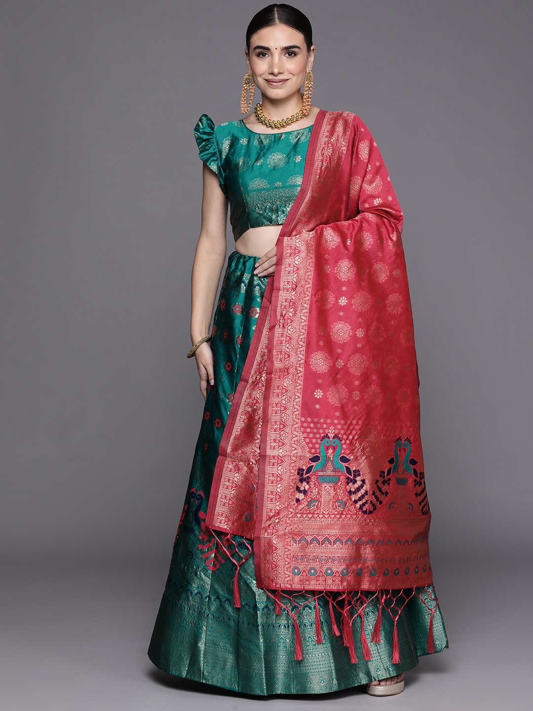 

Mitera Women Turquoise Blue & Gold-Toned Semi-Stitched Lehenga Unstitched Blouse & Dupatta