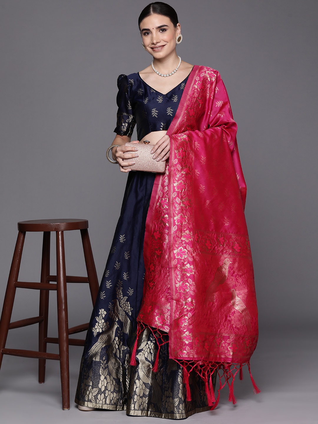 

Mitera Women Navy Blue & Gold-Toned Semi-Stitched Lehenga Unstitched Blouse & Dupatta
