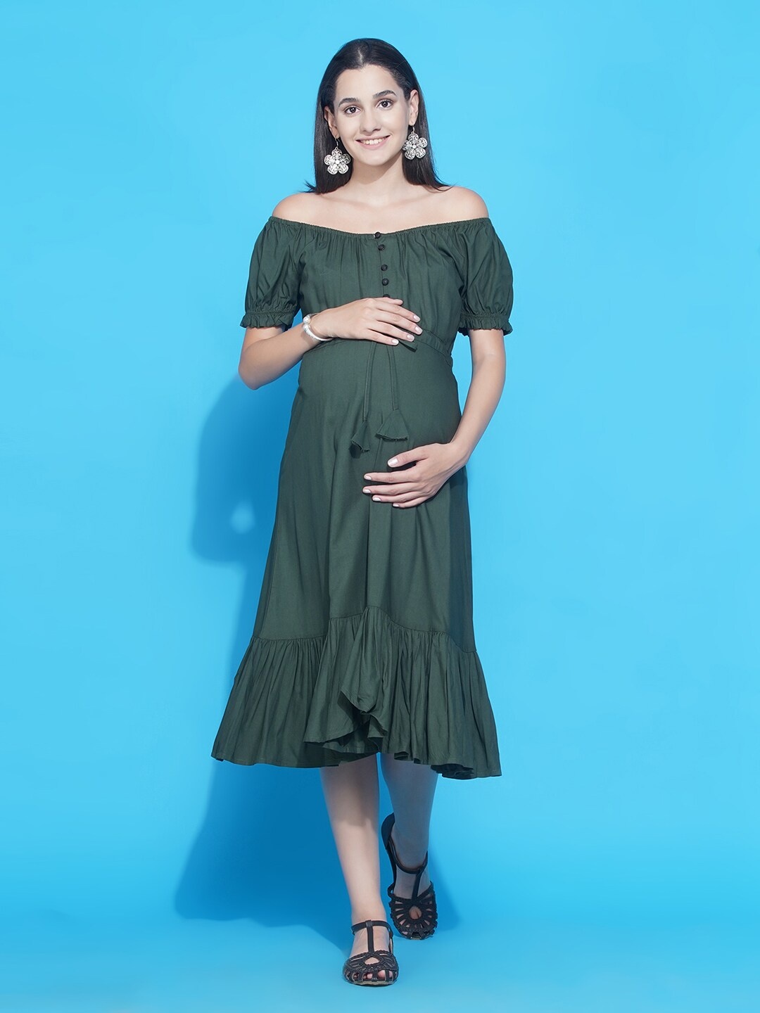

Mine4Nine Women Maternity Olive Green Off-Shoulder Midi Dress