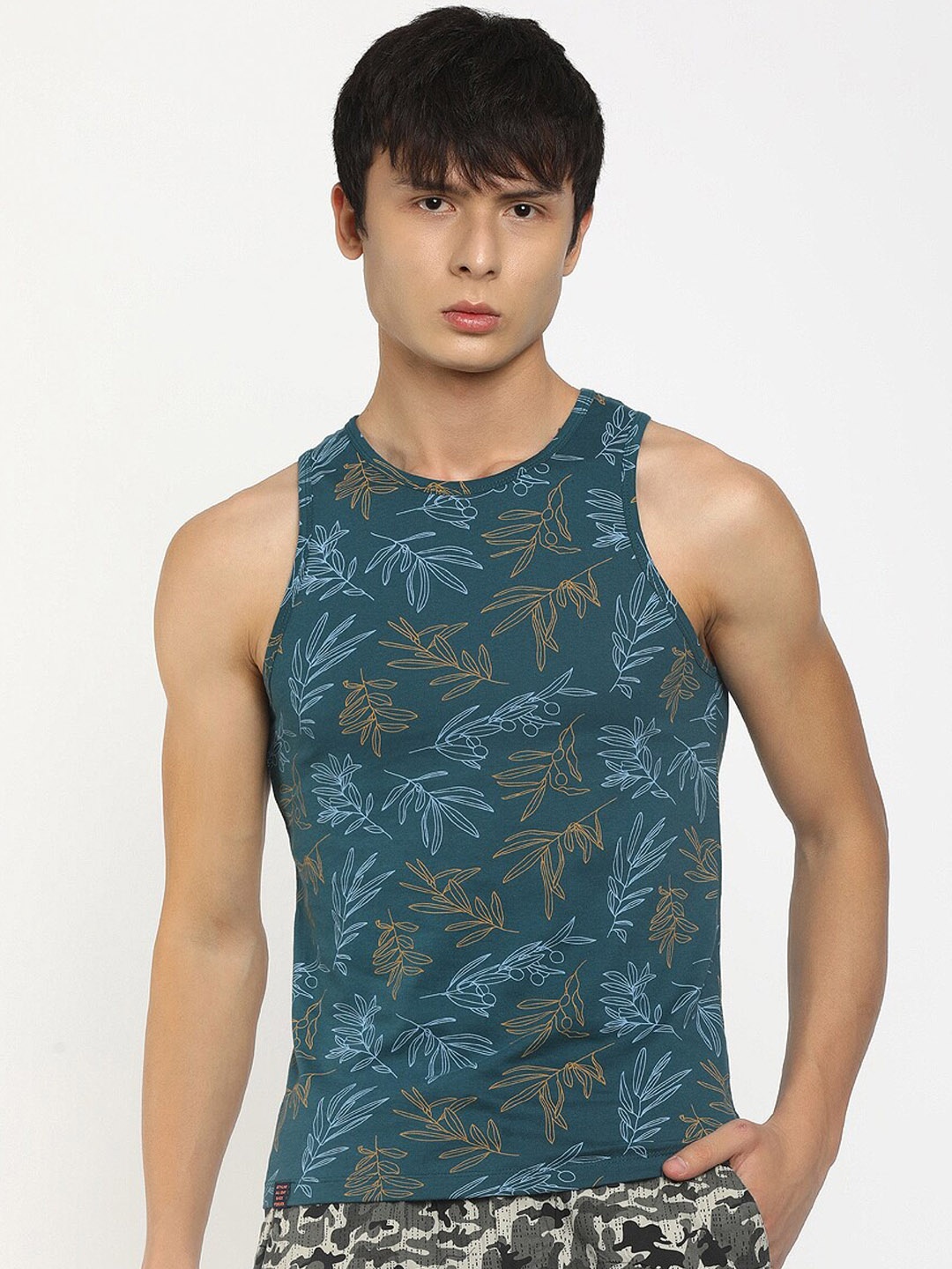 

V-Mart Men Teal Blue Printed Cotton Innerwear Undershirt Vests