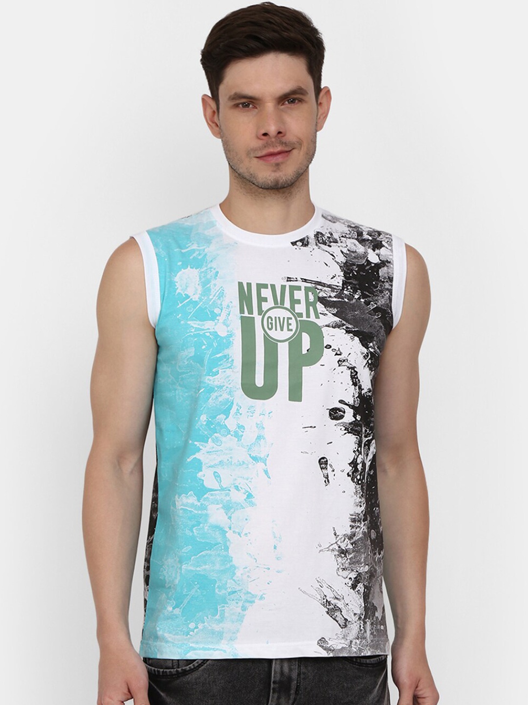 

V-Mart Men White & Blue Printed Cotton Innerwear Vests