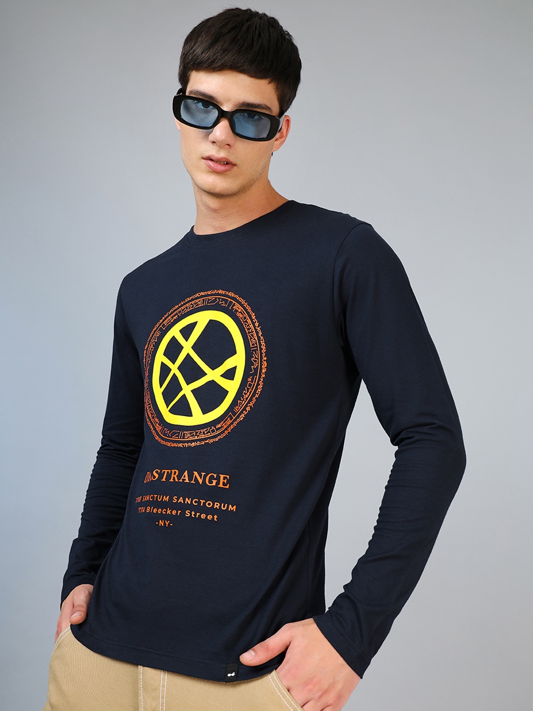 

Bewakoof Men Blue Printed Extended Sleeves Pure Cotton T-shirt