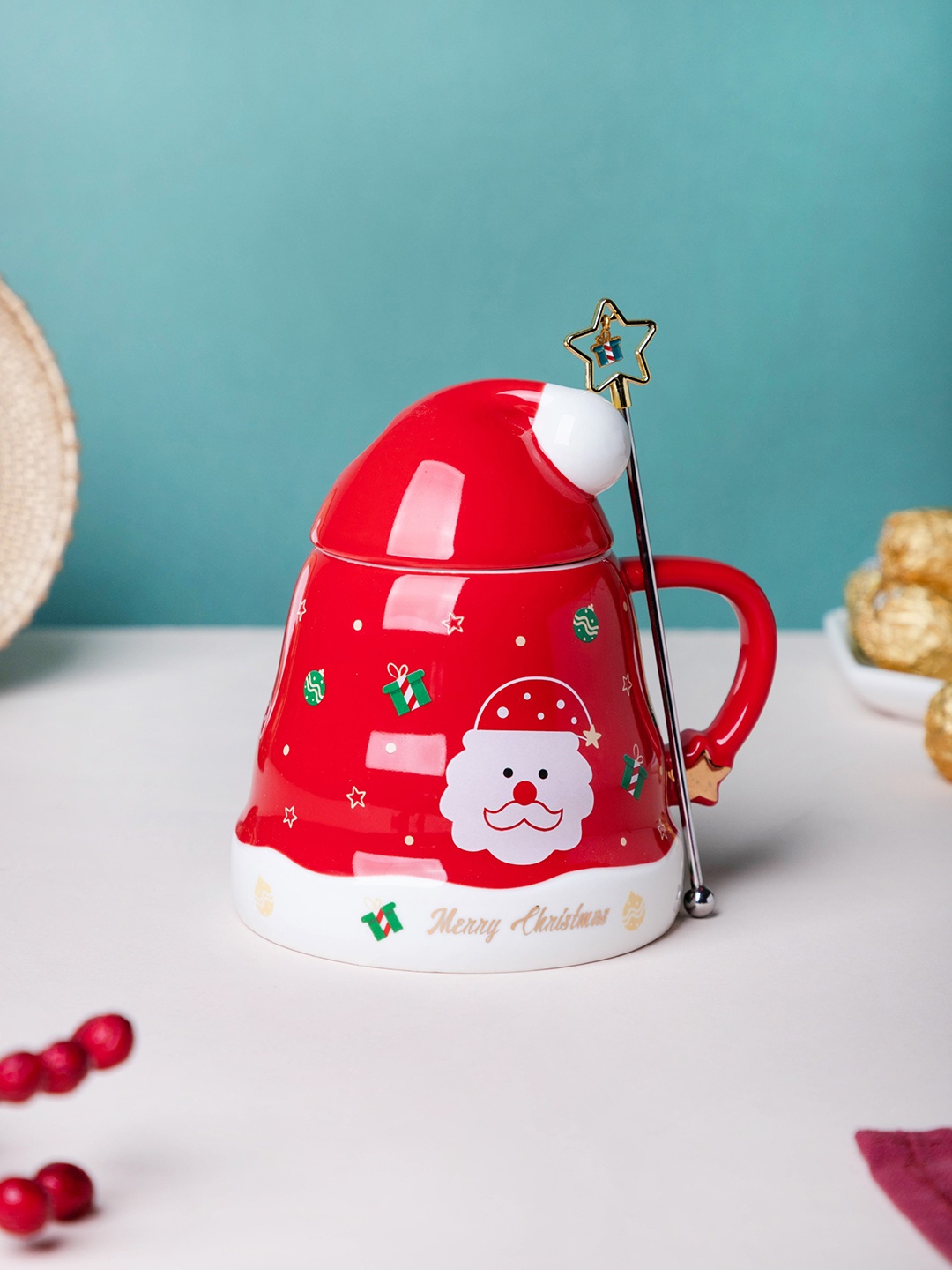 

Nestasia Red Ceramic Fun Christmas Cup with Lid & Spoon
