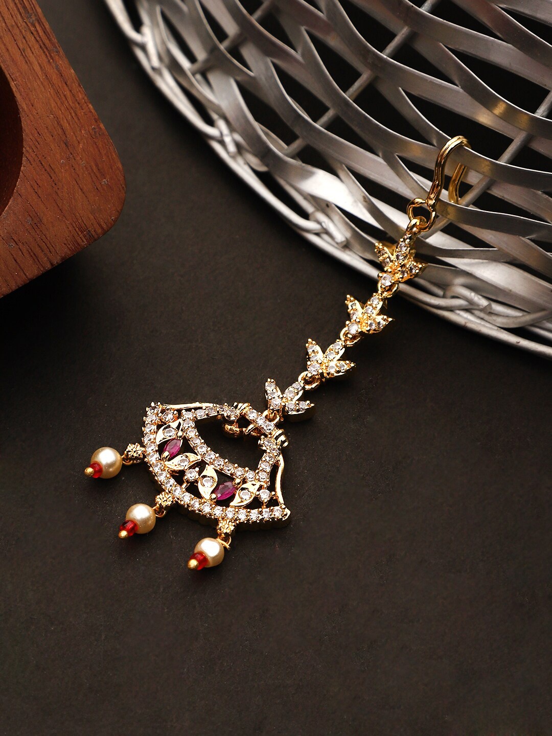 

CARDINAL Gold-Toned & Pink AD Studded Maang Tikka