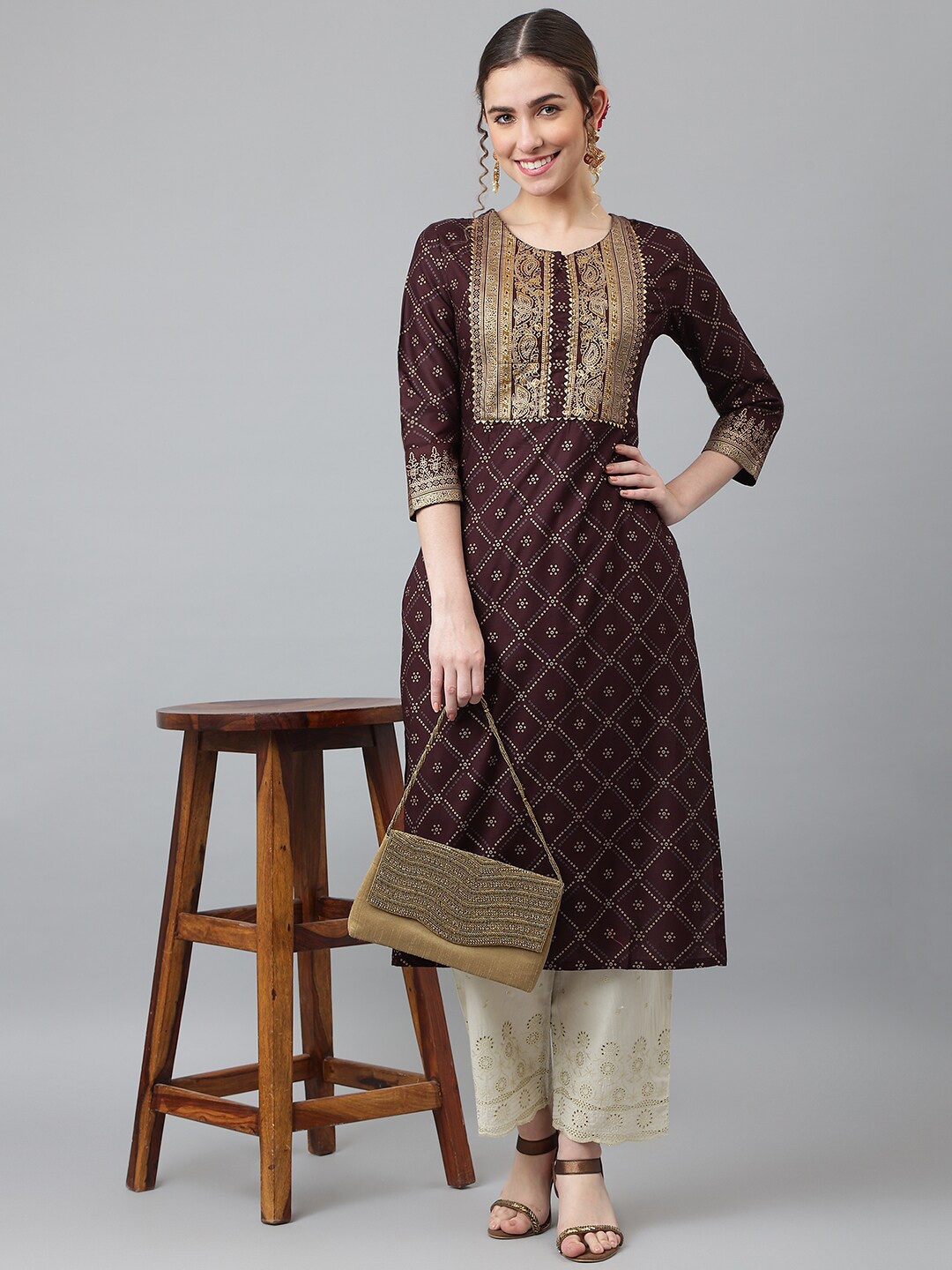 

Khushal K Women Brown & Gold-Toned Ethnic Motifs Printed Straight Kurta