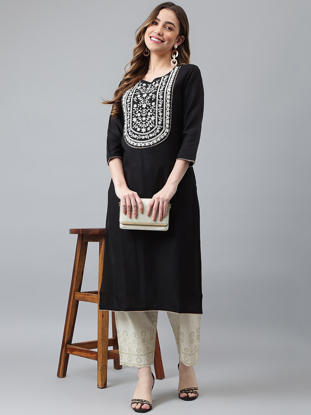 

Khushal K Women Black & White Floral Yoke Design Kurta