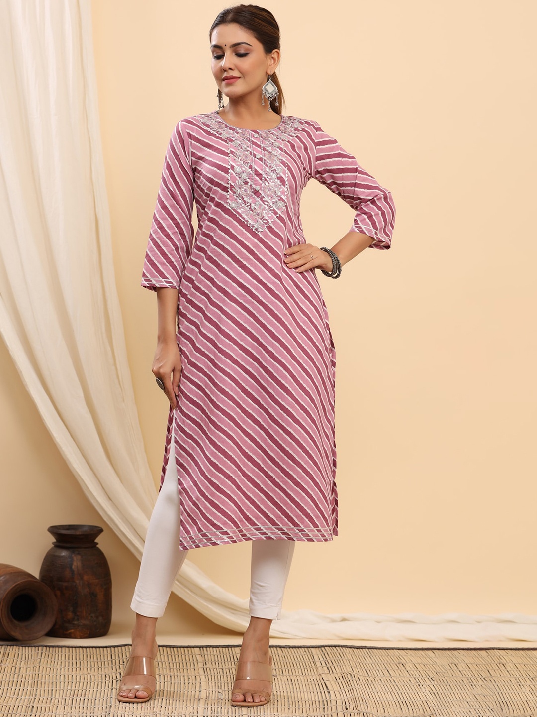 

ETHNIC STREET Women Lavender Striped Pastels Cotton Anarkali Kurta