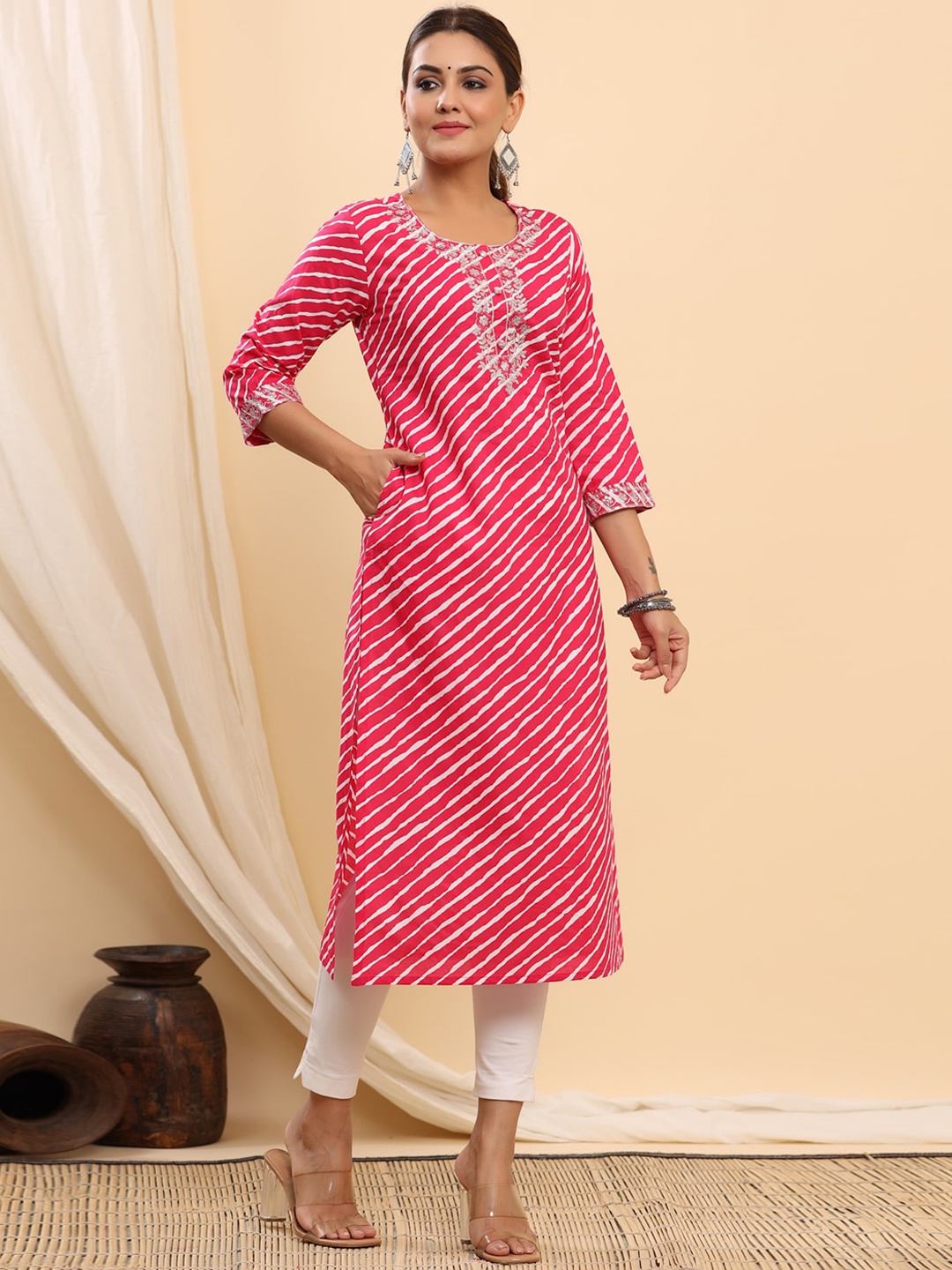

ETHNIC STREET Women Pink Striped Pastels Cotton Anarkali Kurta