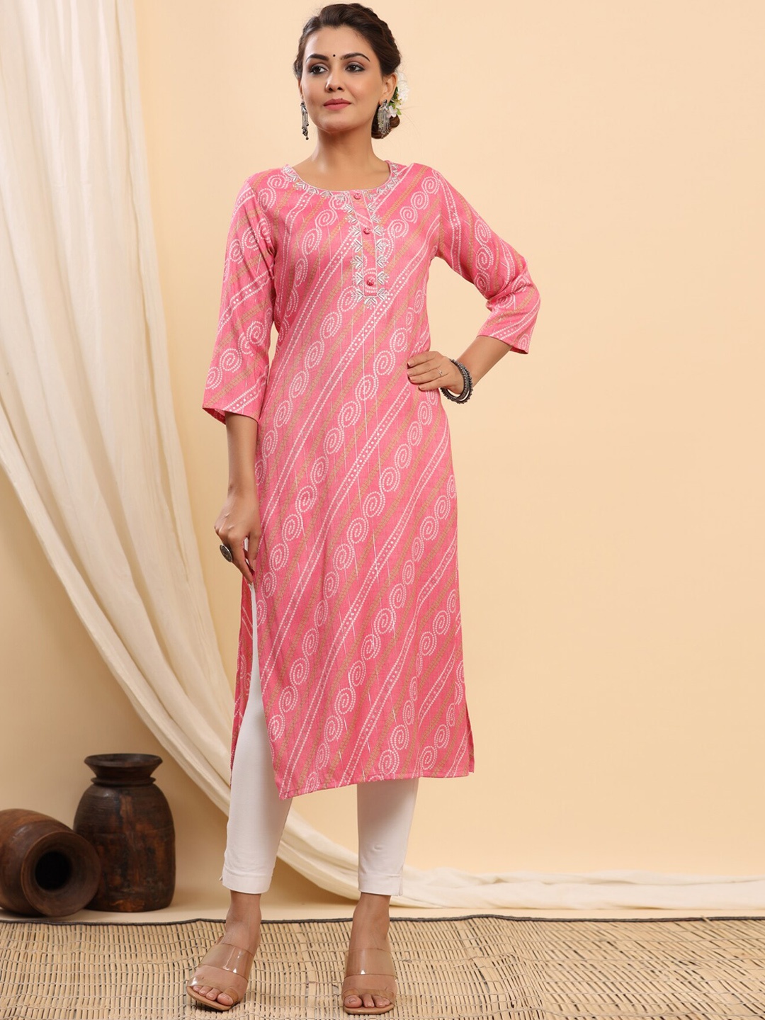 

ETHNIC STREET Women Pink Striped Flared Sleeves Thread Work Pastels Cotton Kurta