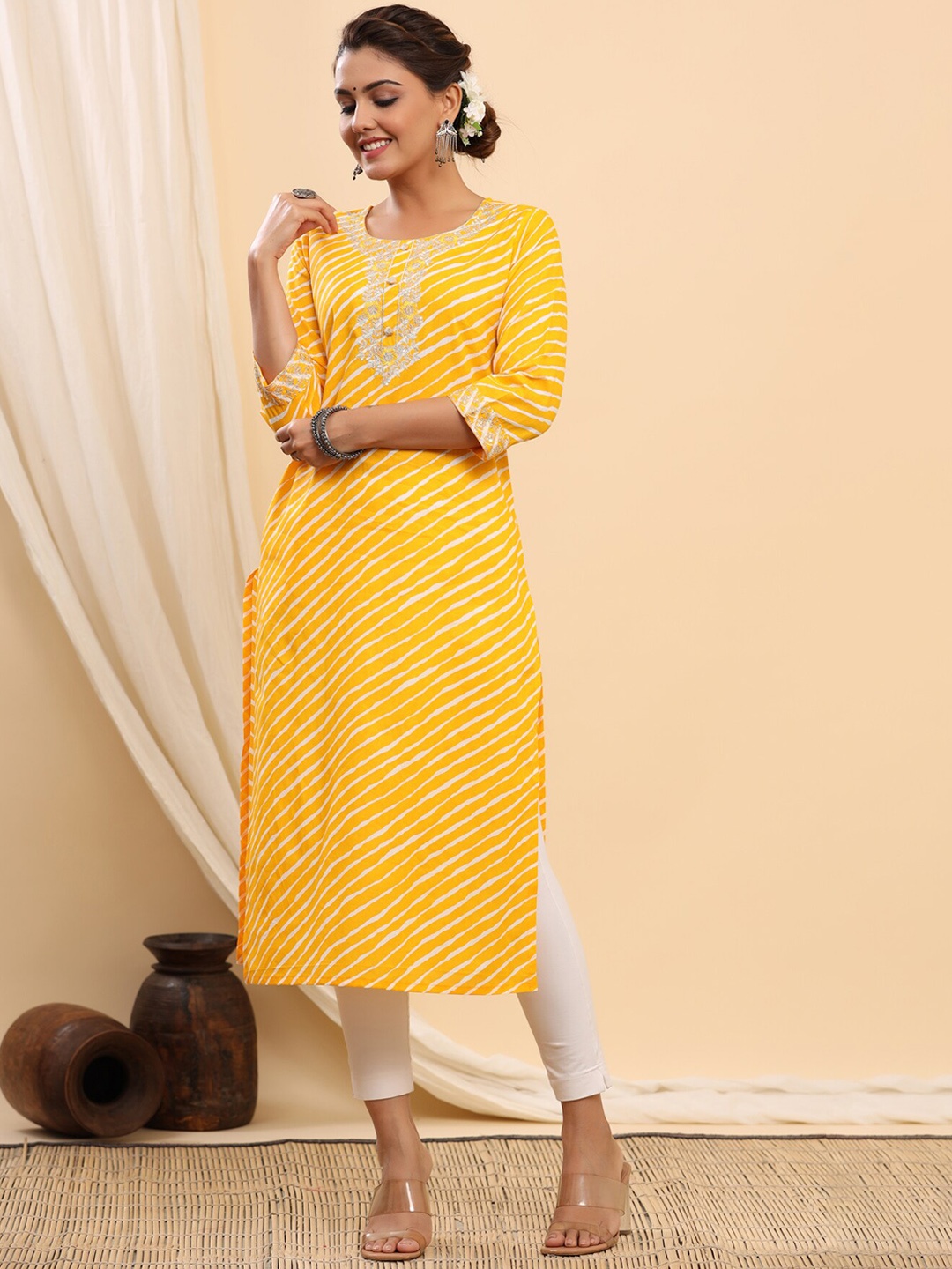 

ETHNIC STREET Women Yellow Striped Flared Sleeves Thread Work Pastels Cotton Anarkali Kurta