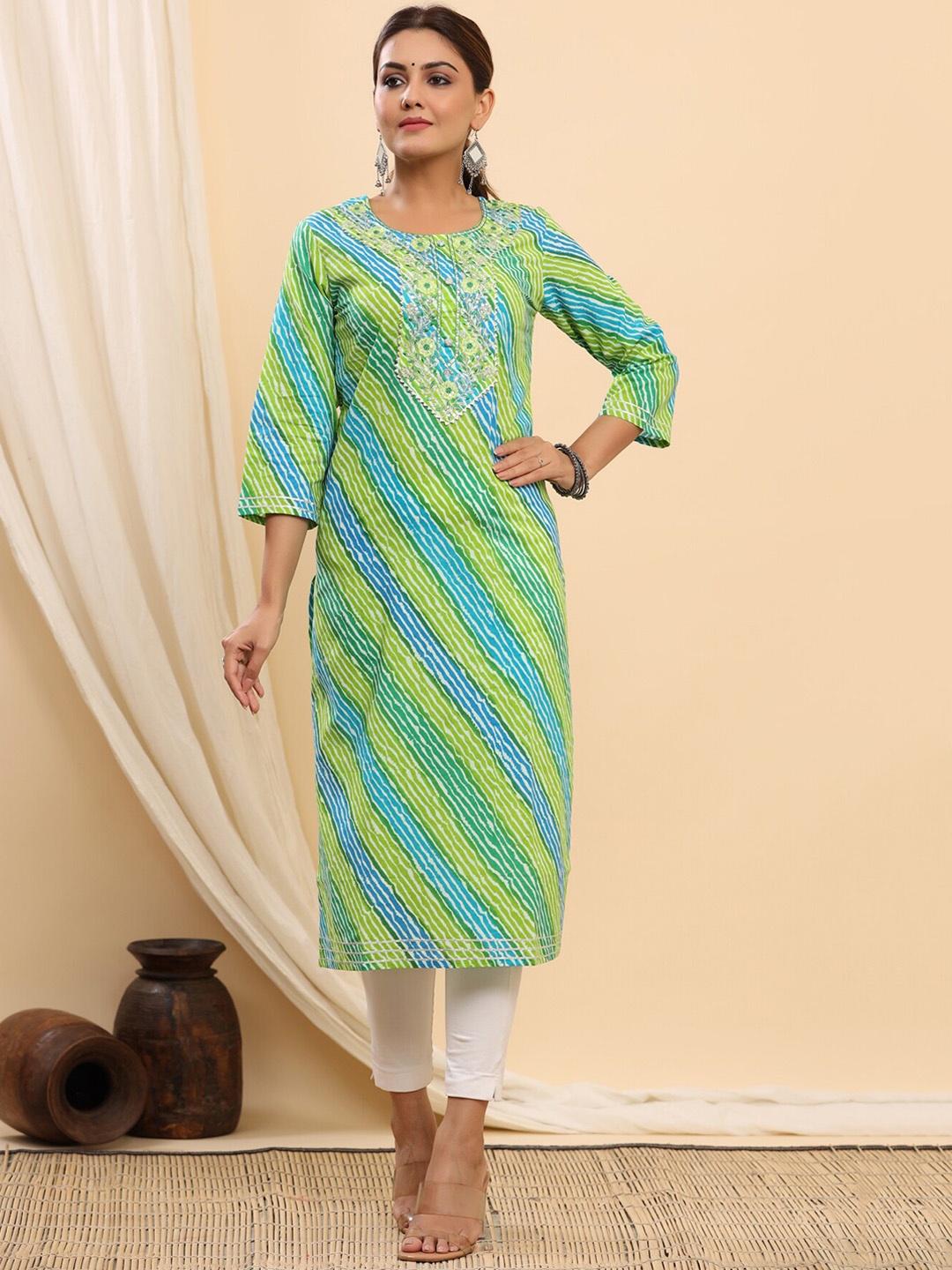 

ETHNIC STREET Women Green Striped Flared Sleeves Thread Work Pastels Cotton Kurta