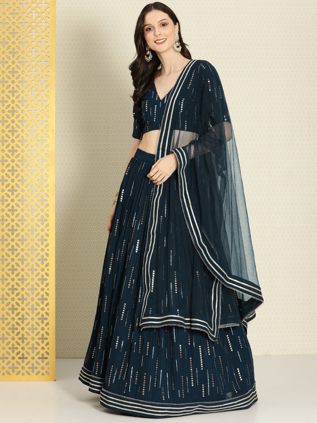 

House of Pataudi Teal & Gold-Toned Embroidered Semi-Stitched Lehenga & Unstitched Blouse With Dupatta