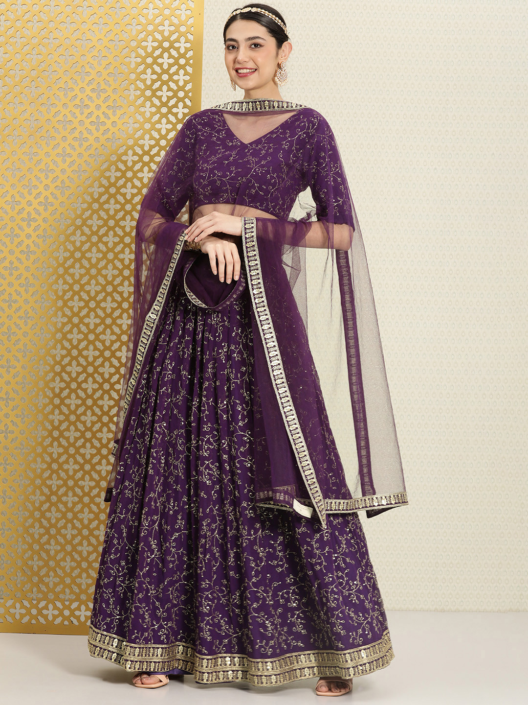 

House of Pataudi Embroidered Semi-Stitched Lehenga & Unstitched Blouse With Dupatta, Purple