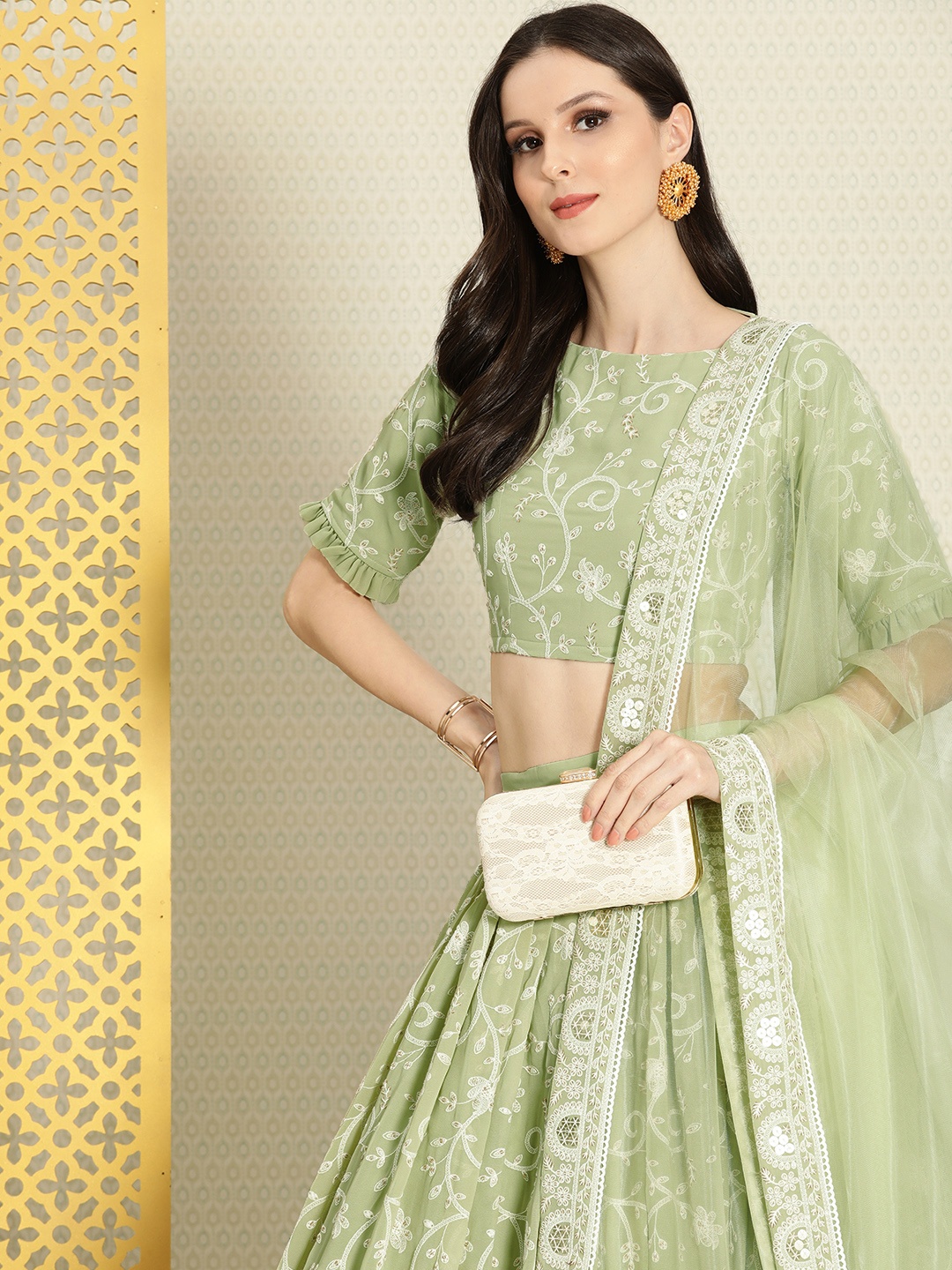 

House of Pataudi Embroidered Semi-Stitched Lehenga & Unstitched Blouse with Dupatta, Green
