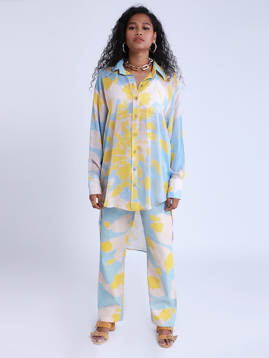 

MISSY Women Yellow Long Shirt Blue Splatter Party Shirt