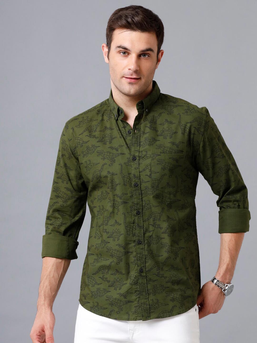 

YOVISH Men Olive Green Smart Slim Fit Animal Printed Casual Shirt