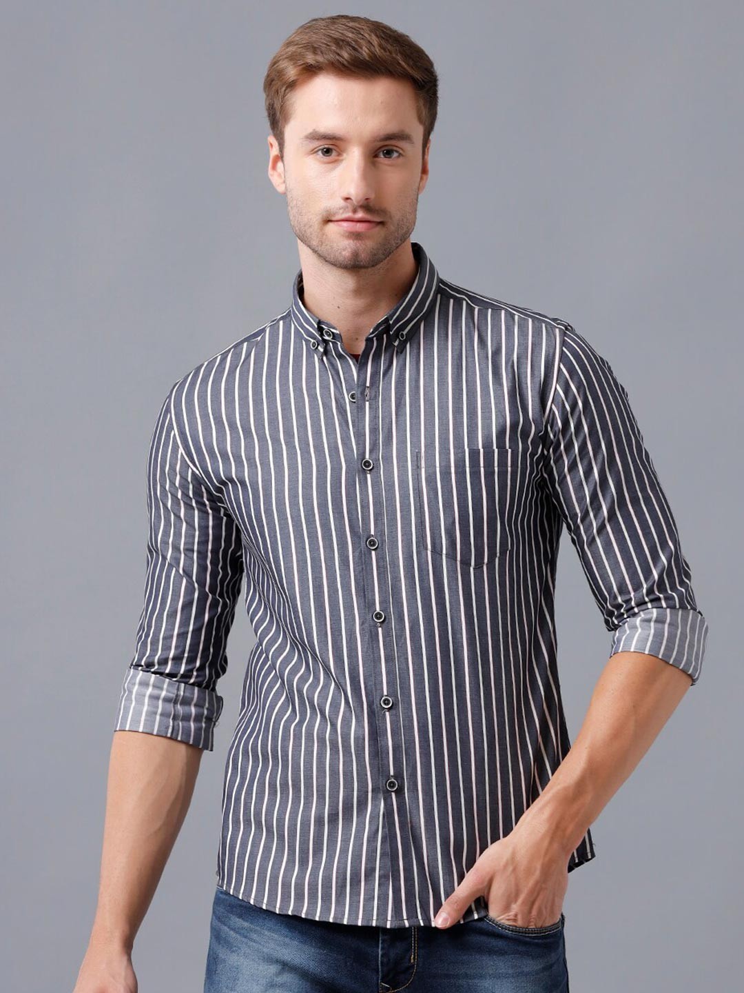 

YOVISH Men Grey Smart Slim Fit Bengal Stripes Striped Casual Shirt