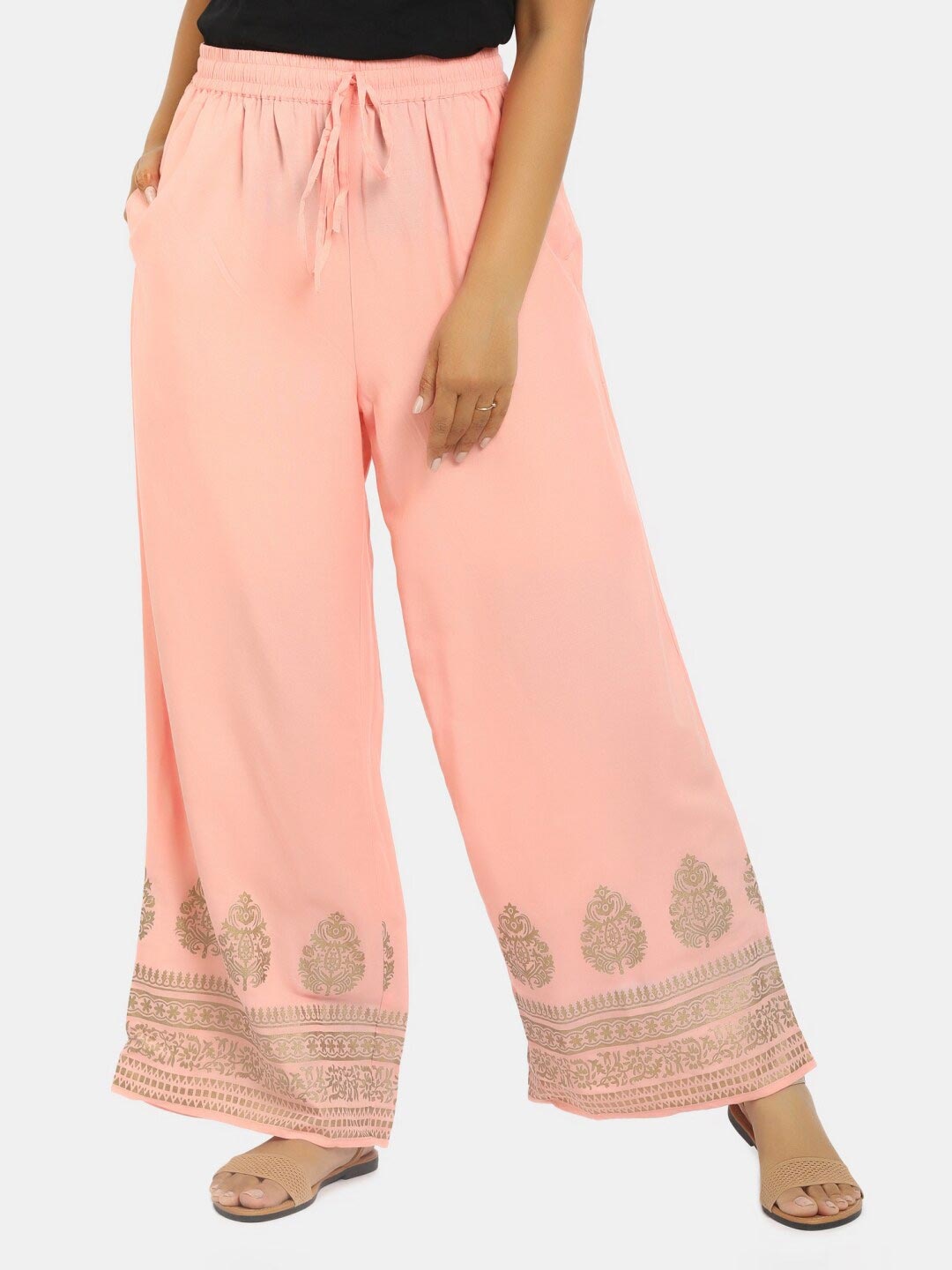 

V-Mart Women Peach-Coloured & Gold-Toned Ethnic Motifs Printed Palazzos