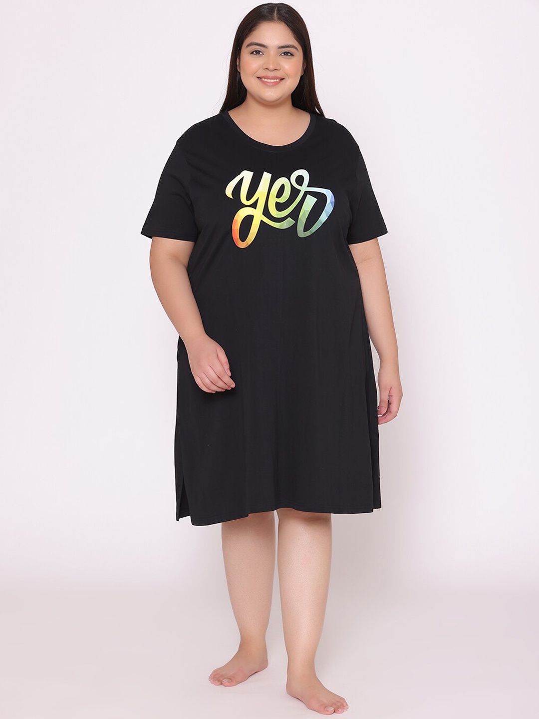 

TITTLI Plus Size Printed Cotton T-Shirt Nightdress, Black