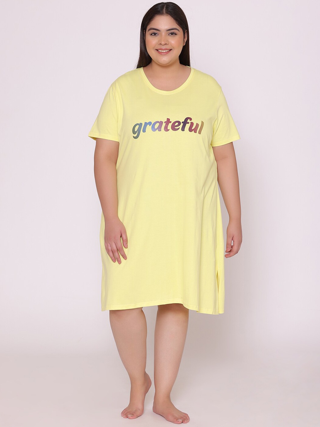 

TITTLI Plus Size Printed Cotton T-Shirt Nightdress, Yellow