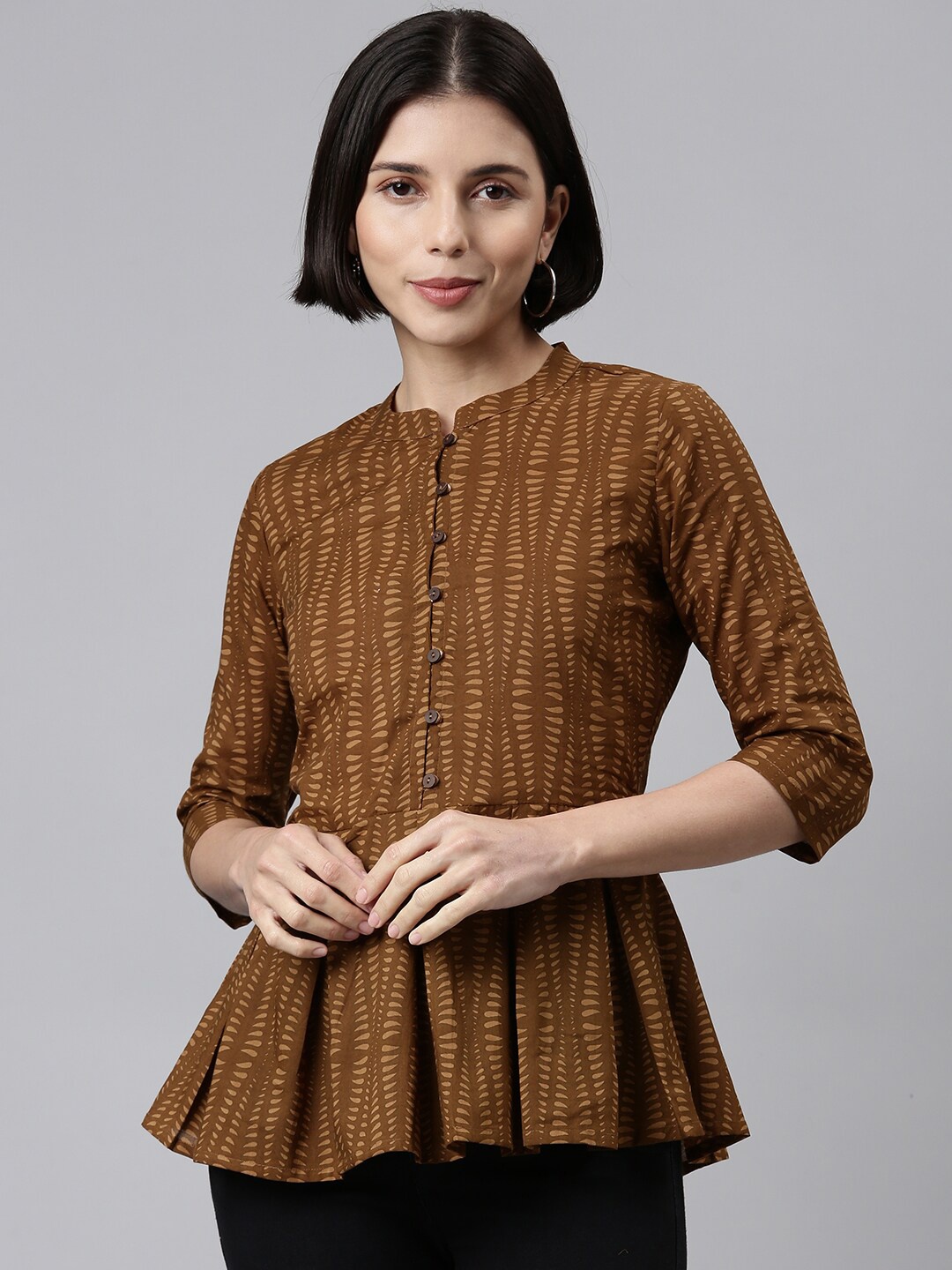 

MALHAAR Women Brown Print Mandarin Collar Empire Kurti