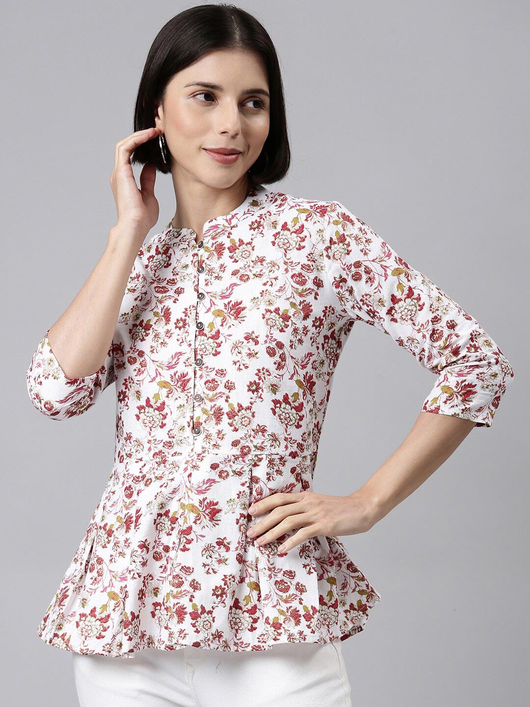 

MALHAAR Women White & Pink Floral Print Mandarin Collar Empire Kurti