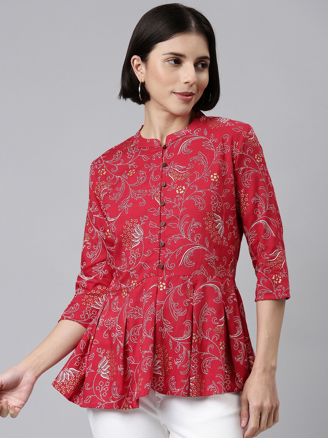 

MALHAAR Women Red & White Floral Print Empire Kurti