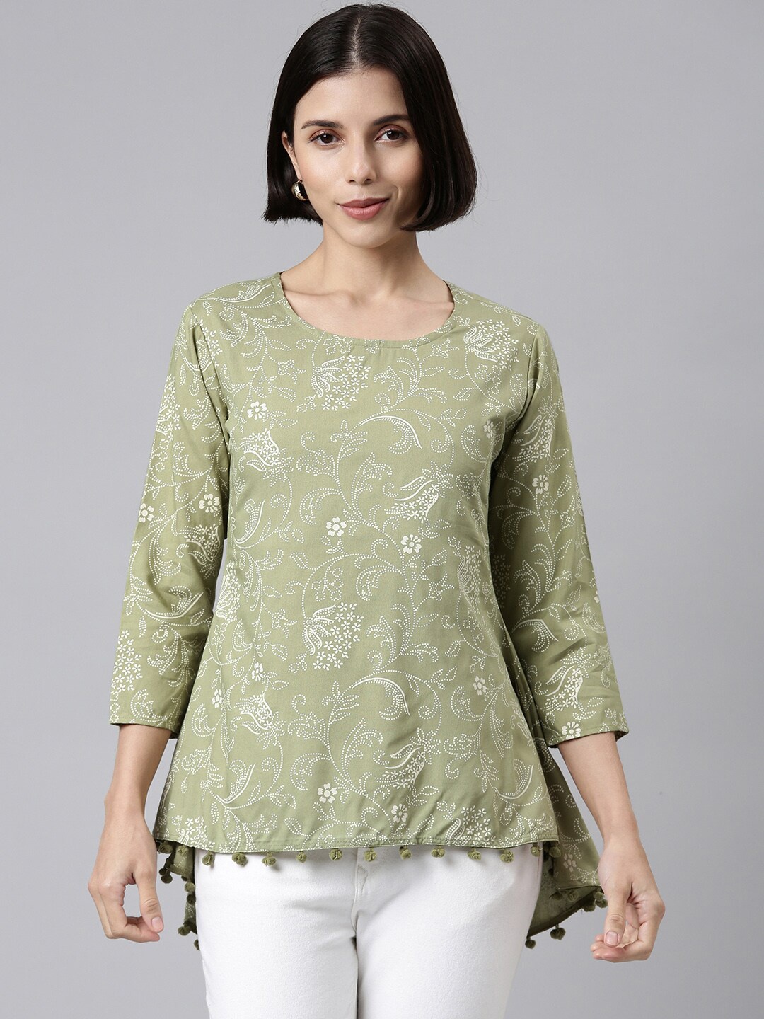 

MALHAAR Women Olive Green Floral Print High-Low Top