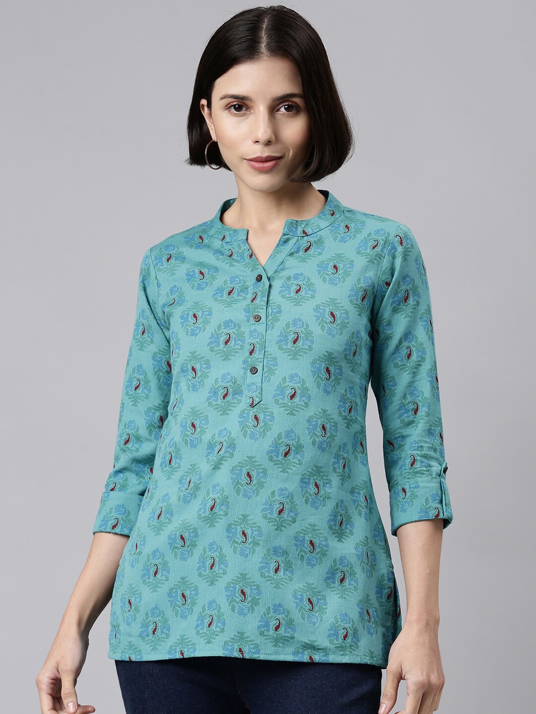 

MALHAAR Women Green Print Roll-Up Sleeves Kurti