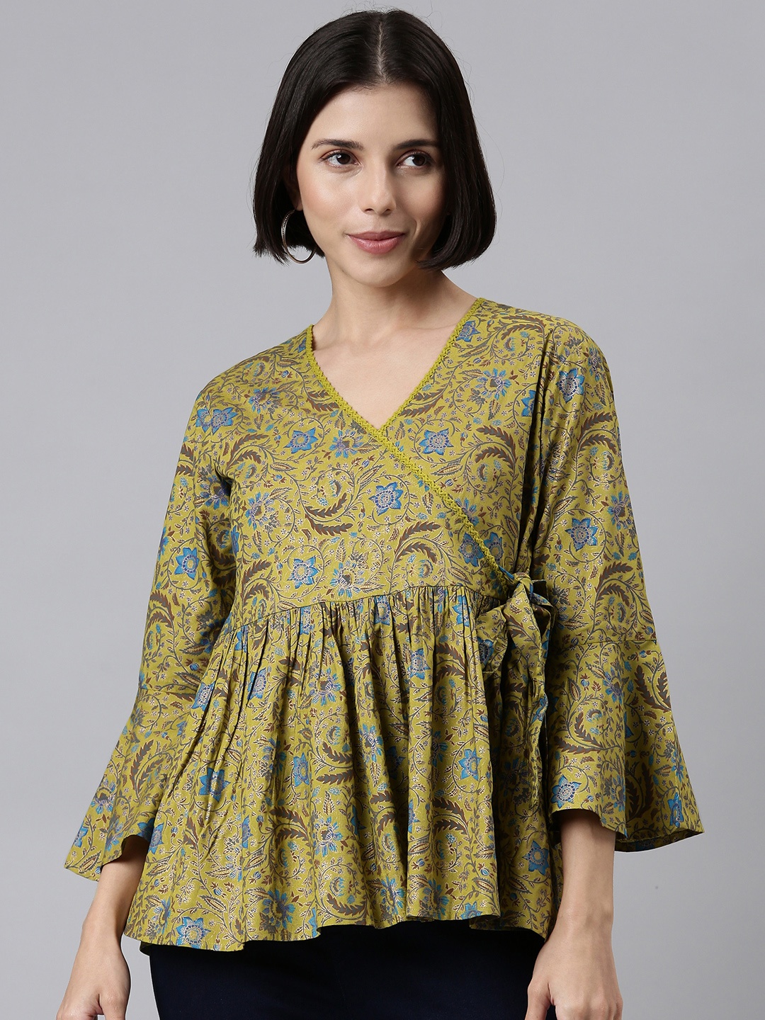 MALHAAR Green Floral Print Bell Sleeve Empire Top