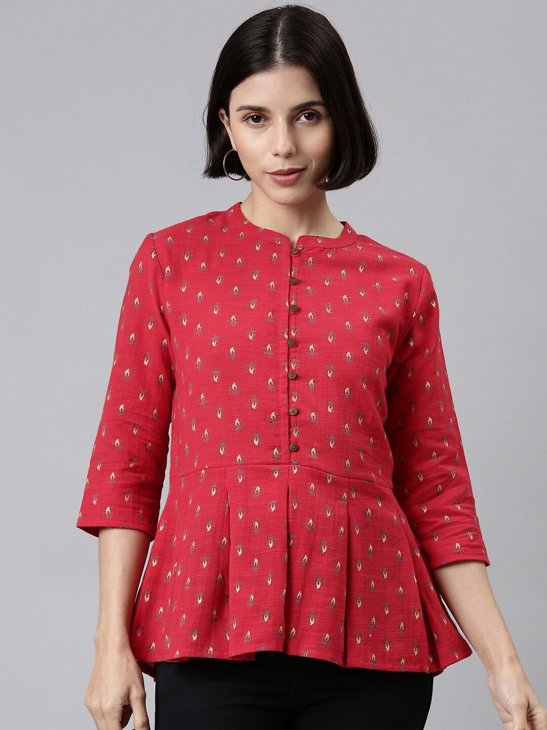 

MALHAAR Women Red Ethnic Motifs Printed Kantha Work Pure Cotton Kantha Work Pleated Kurti