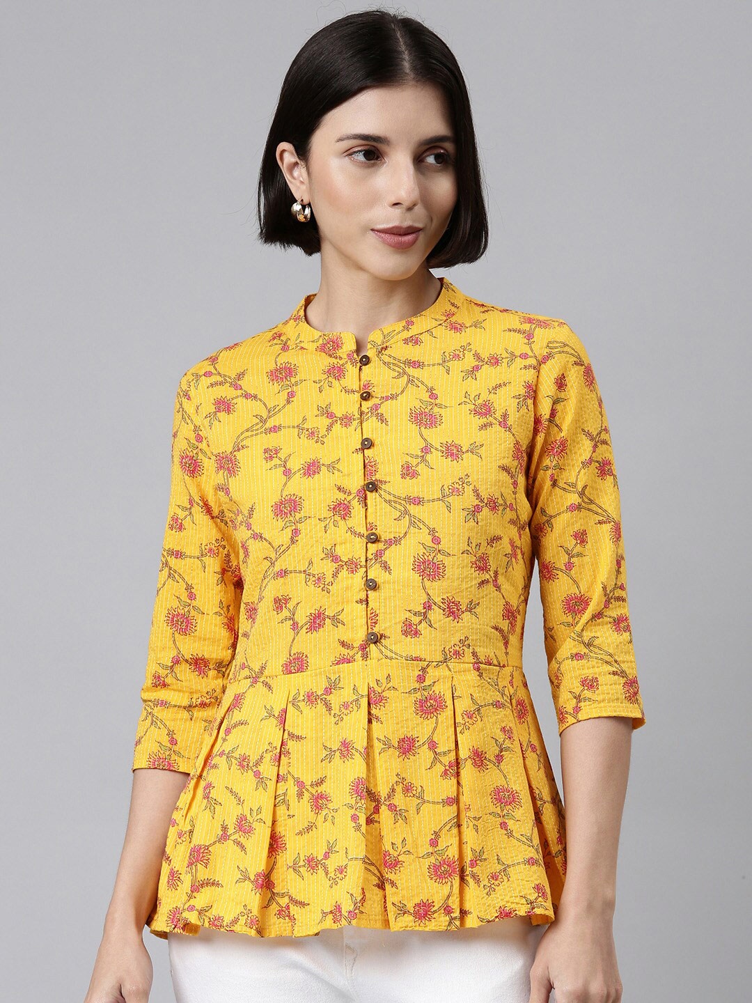 

MALHAAR Women Yellow & Pink Floral Printed Pure Cotton Pleated Kurti