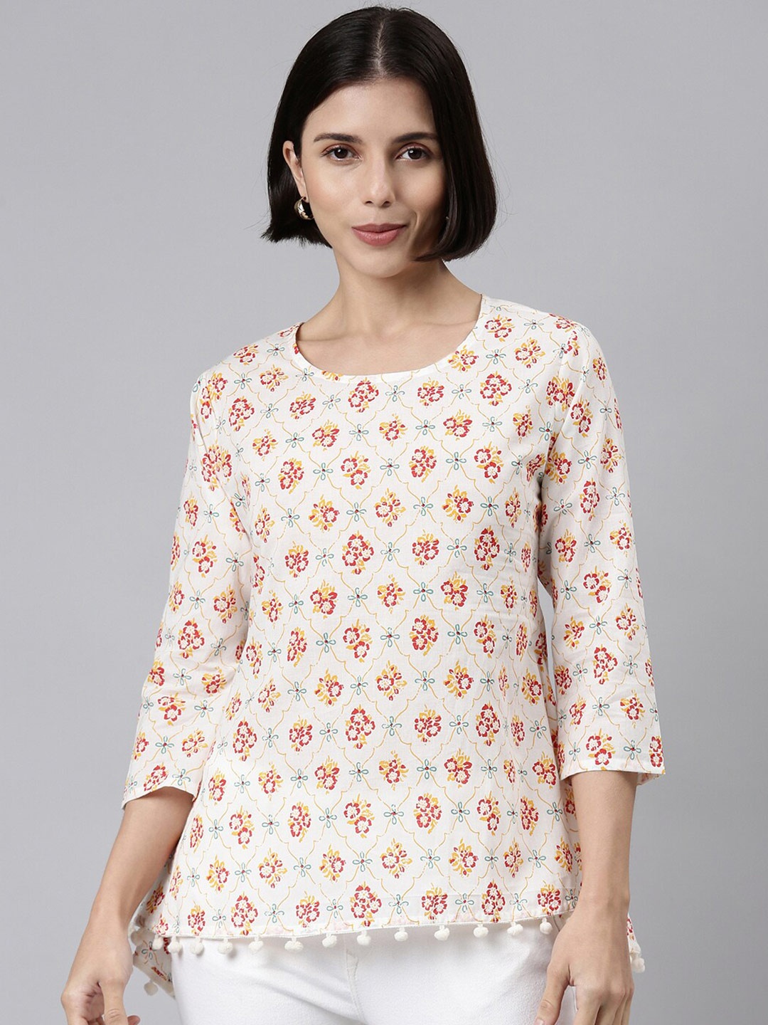 

MALHAAR Women White Floral Printed Pure Cotton Kurti