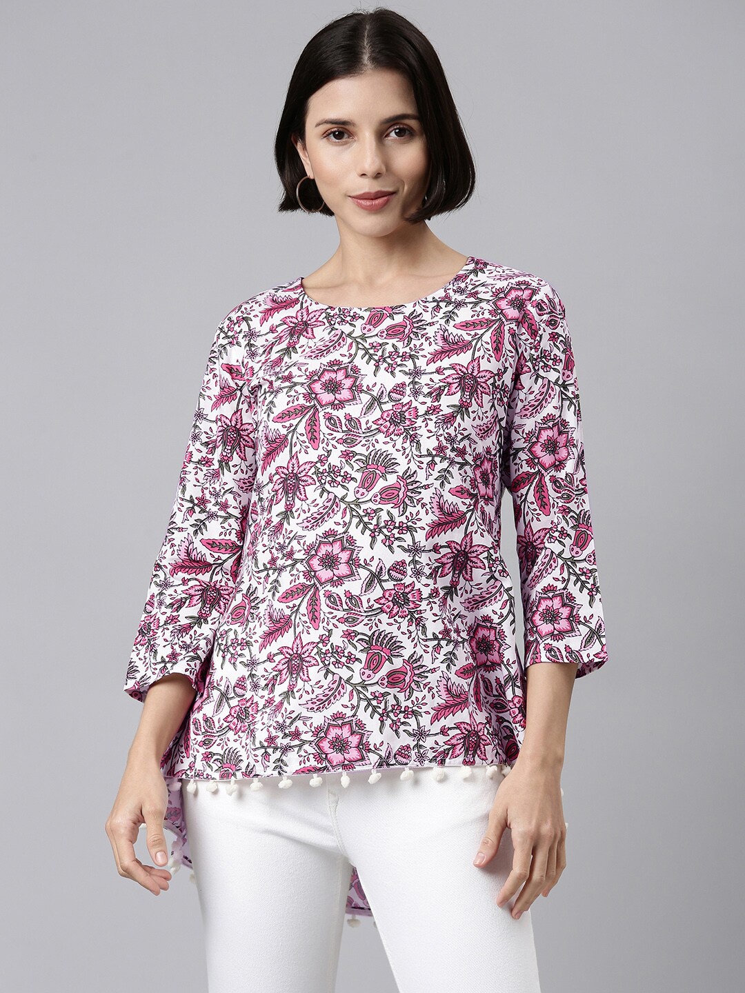 

MALHAAR Women Pink Floral Printed Phulkari Kurti