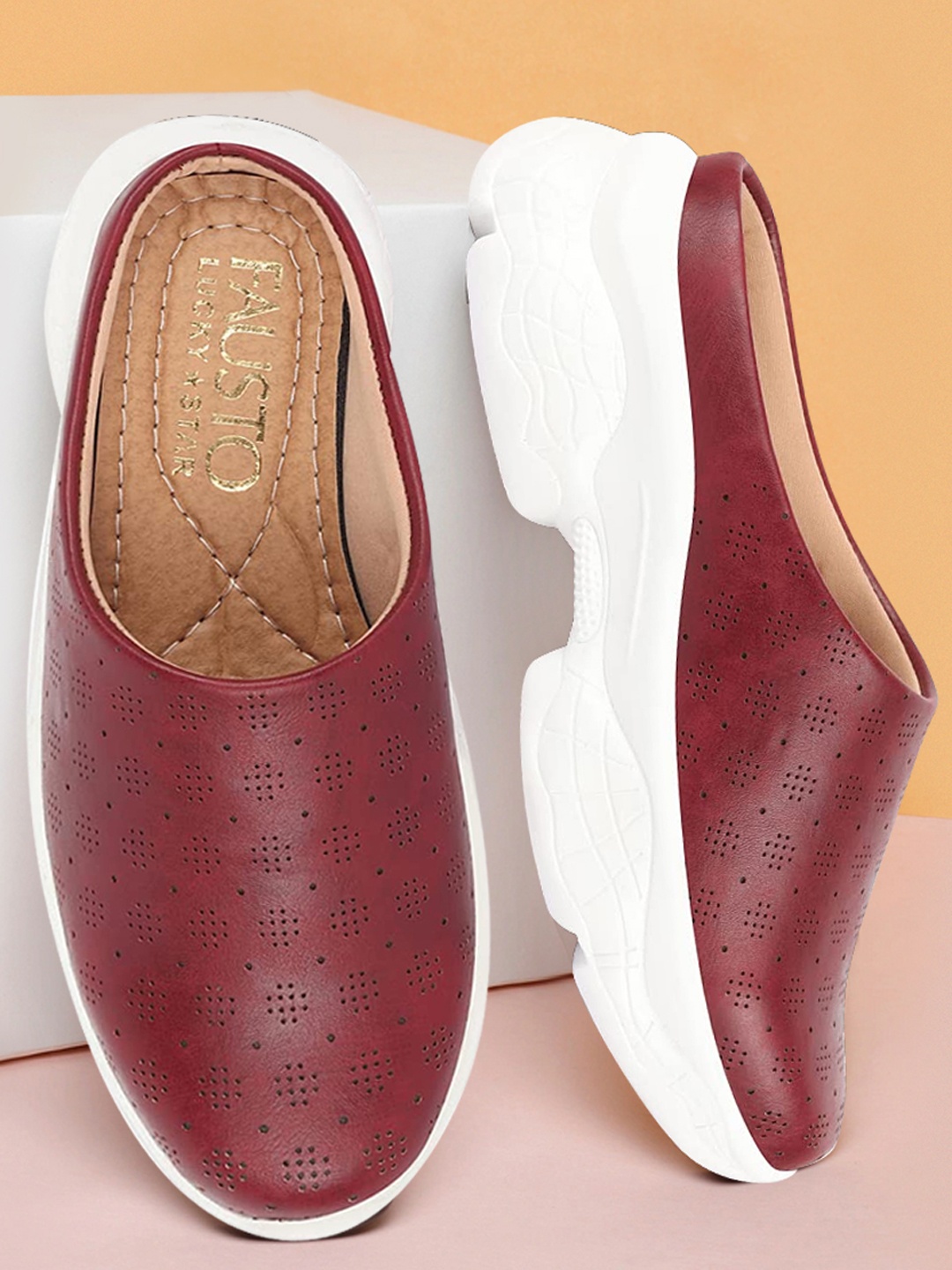 

FAUSTO Women Maroon Perforations PU Slip-On Sneakers