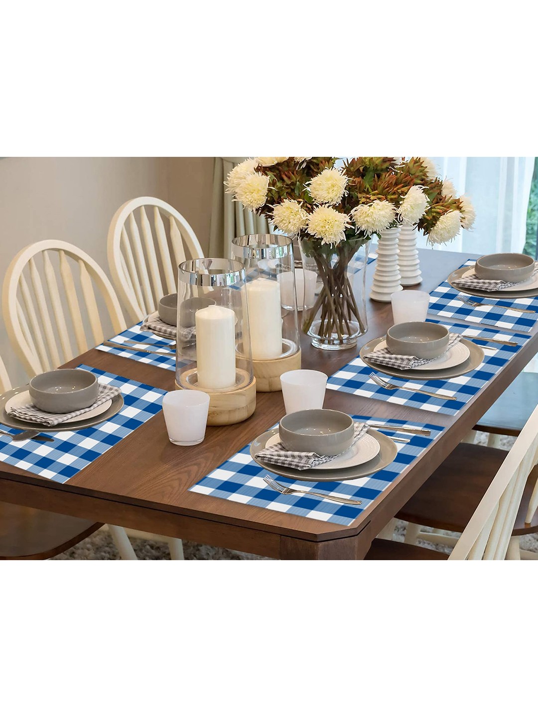 

Lushomes Blue & White 6 Pieces Checked Cotton Table Placemats
