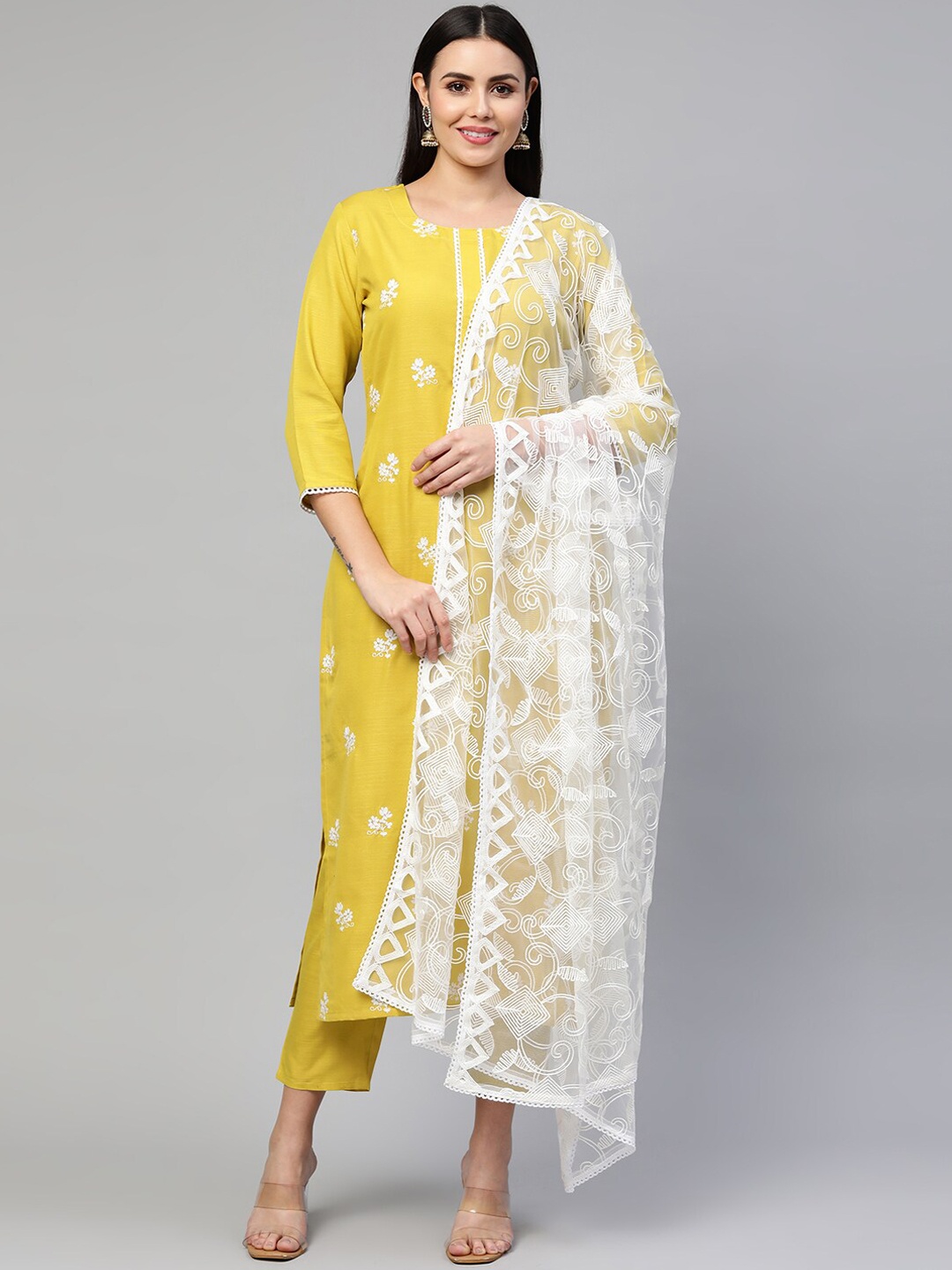 

KALINI Women Yellow Floral Embroidered Kurta with Trousers & With Dupatta