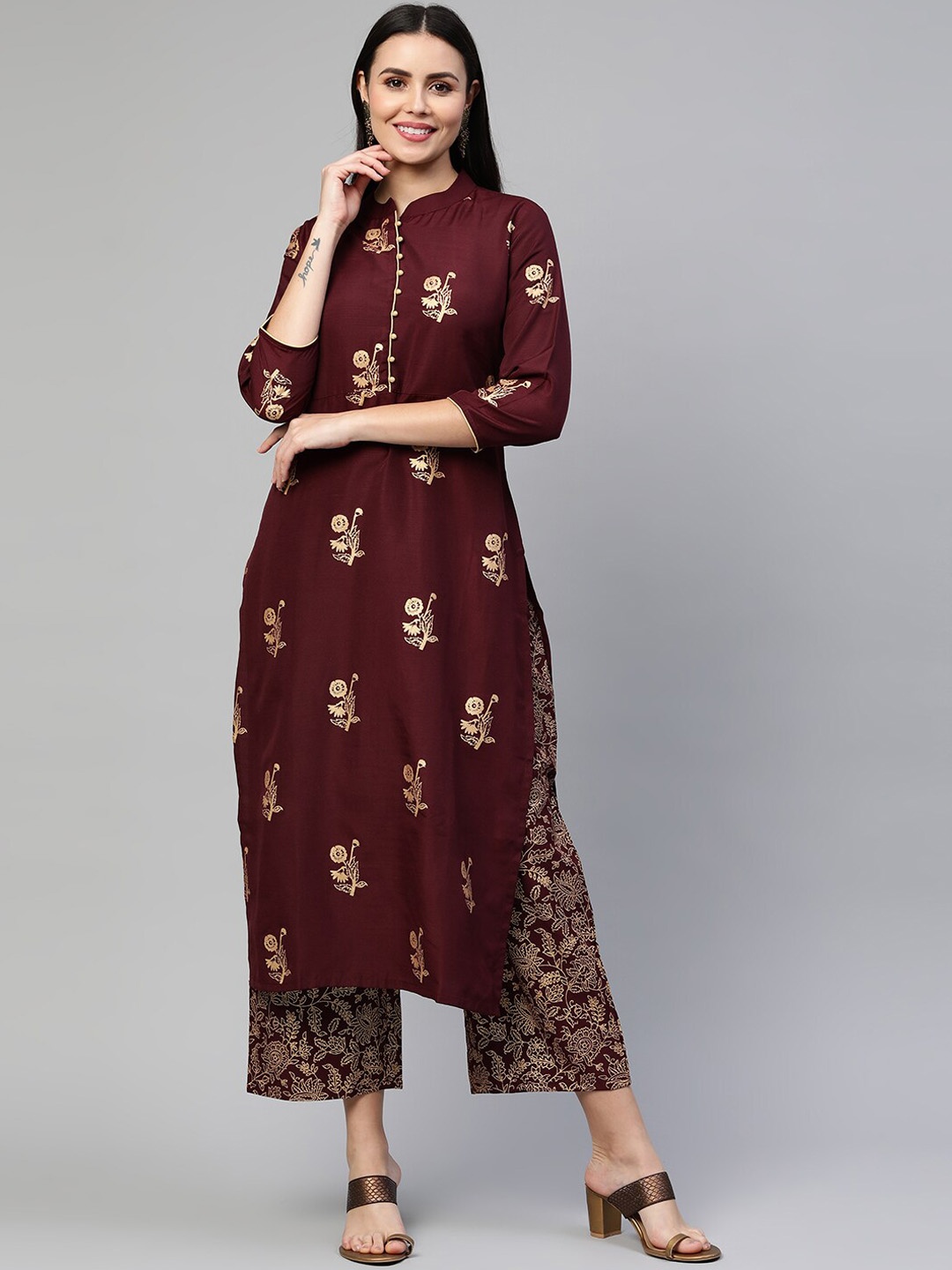 

KALINI Women Maroon Floral Printed Kurta with Palazzos