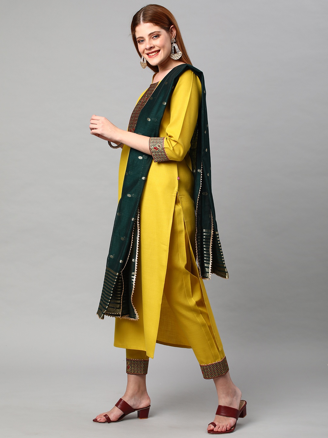 

KALINI Women Yellow Floral Yoke Design Kurta with Trousers & With Dupatta