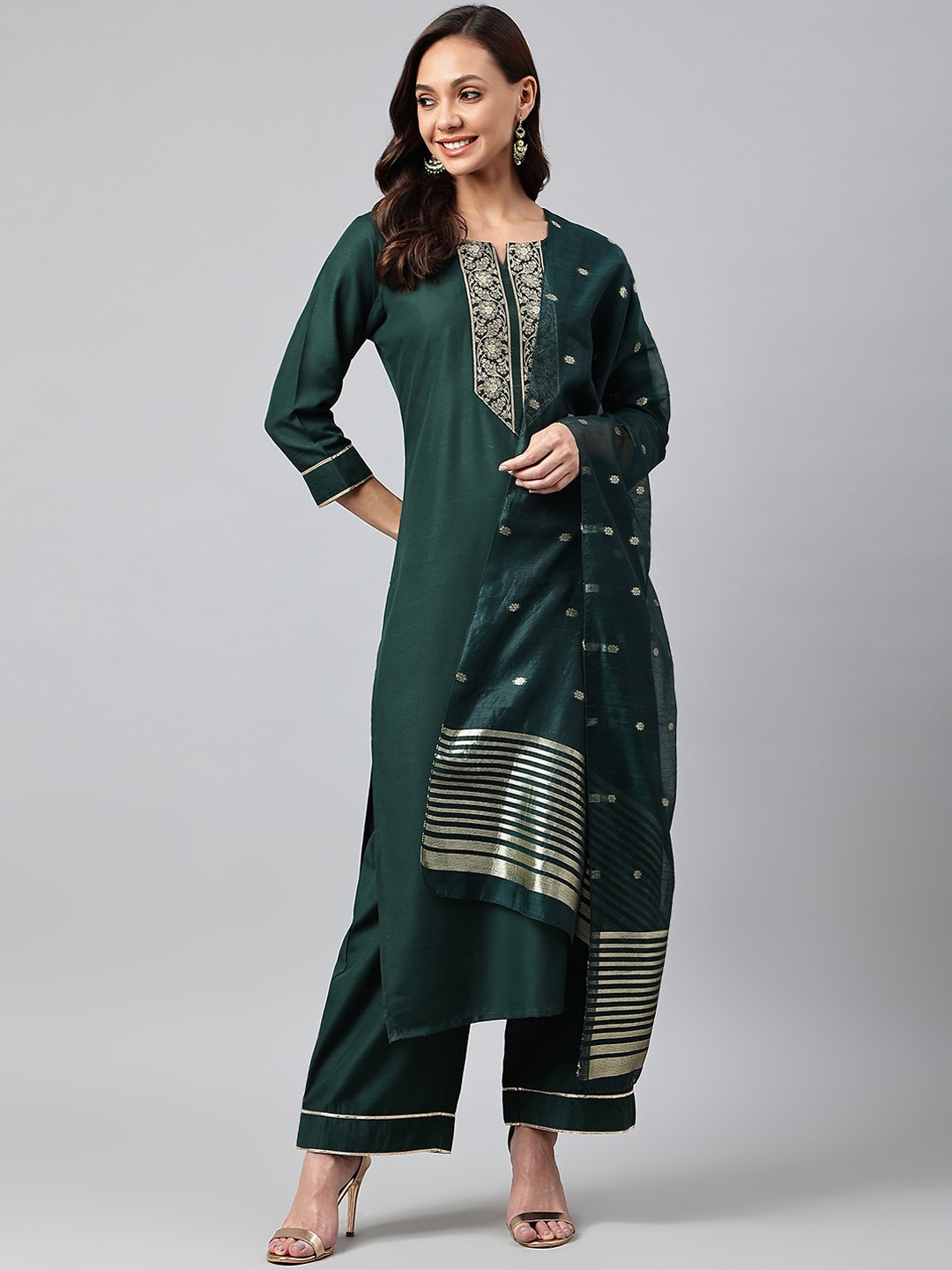 

KALINI Women Green Embroidered Kurta with Palazzos & With Dupatta