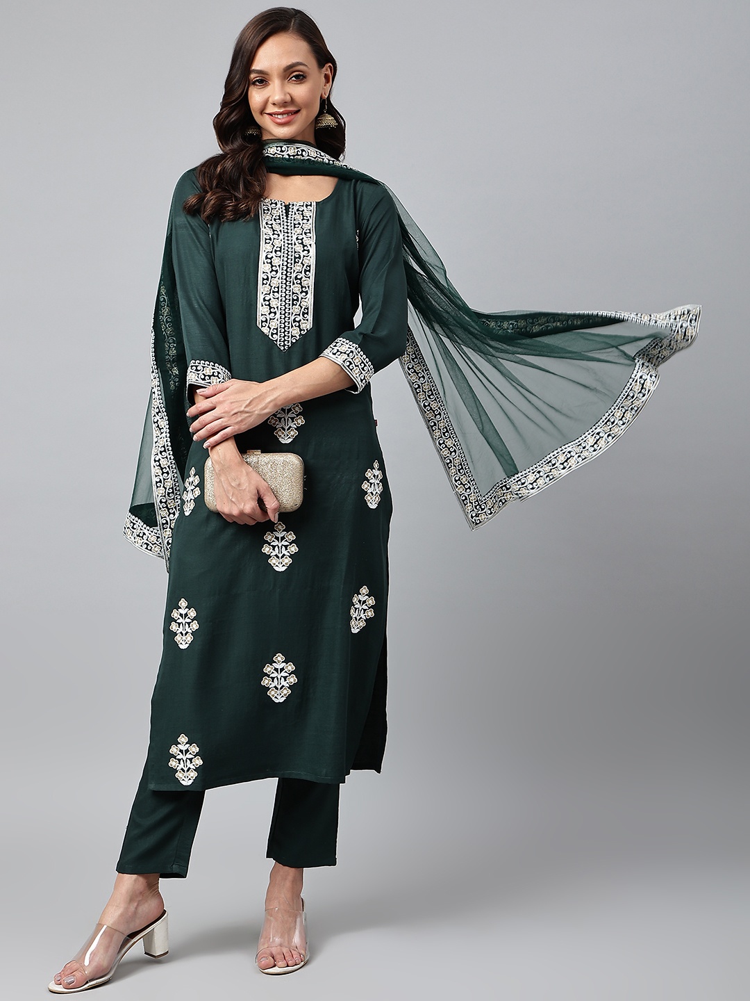 

KALINI Women Green Floral Embroidered Kurta with Trousers & With Dupatta