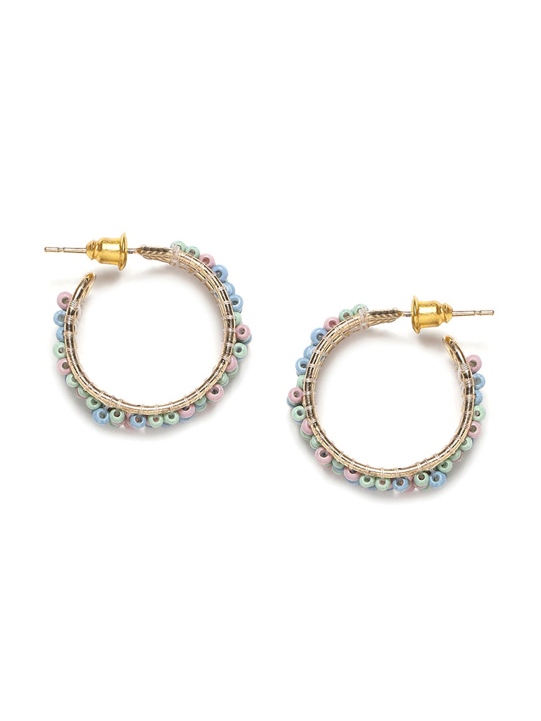 

W Blue Circular Artificial Beads Hoop Earrings