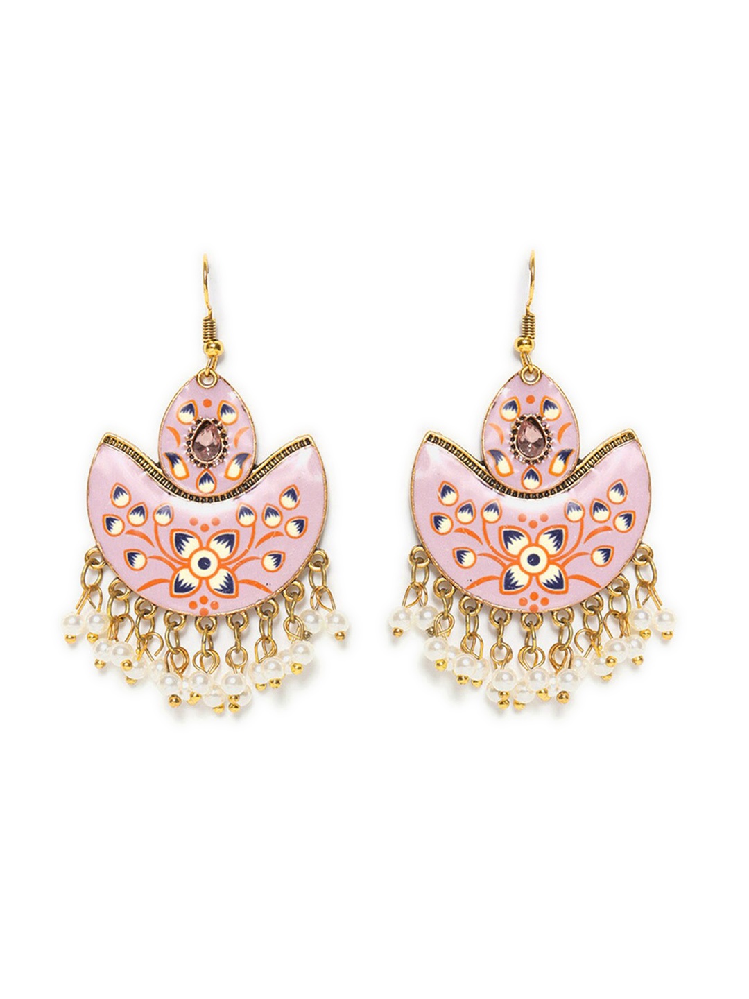 

W Pink & Gold-Toned & Pink Crescent Shaped Meenakari Chandbalis Earrings