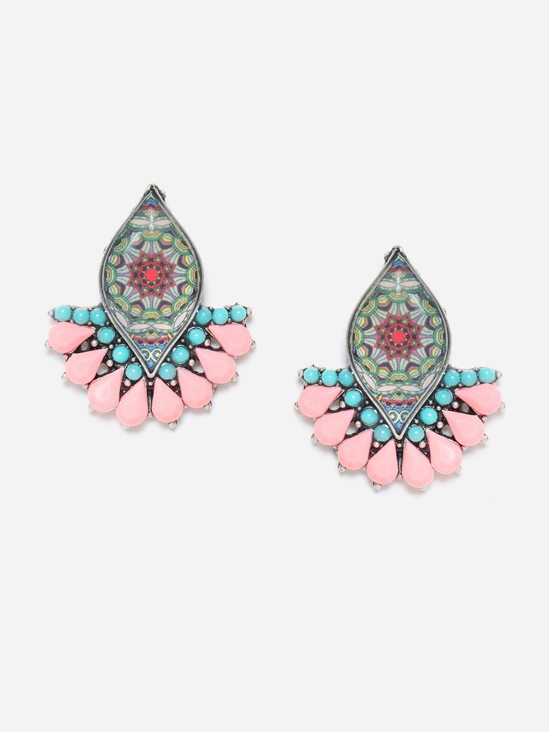 

W Pink & Blue Stones Studded Classic Drop Earrings